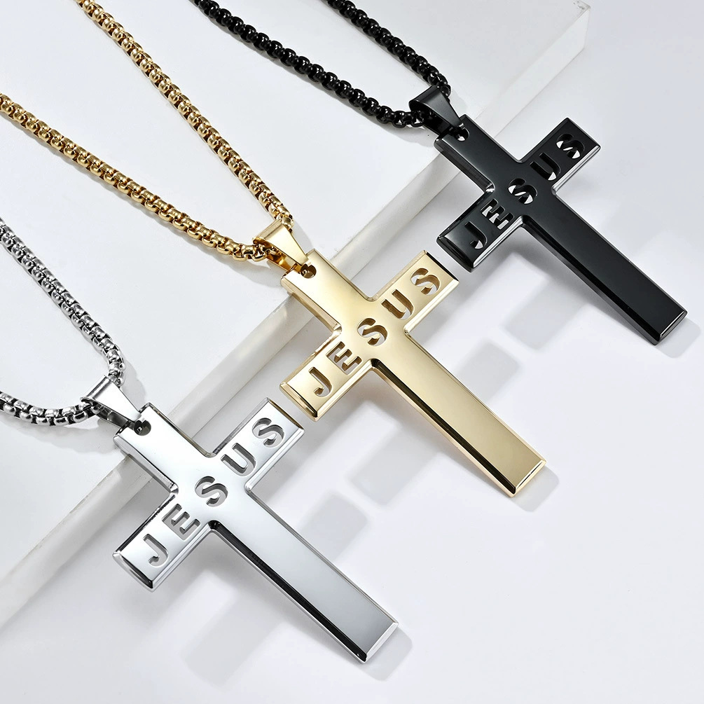 Cross-border Amazon Men's Stainless Steel Cross JESUS Hip Hop Stainless Steel Pendant Necklace Personality Jewelry Batch
