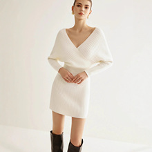 欧美2025新款跨境女装时尚气质交叉v领蝙蝠群包臀针织连衣裙