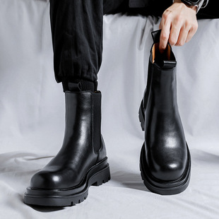 Online celebrity Martin boots men's British style mid-top 2023 round toe thick bottom Chelsea cigarette tube ankle boots 7374-R
