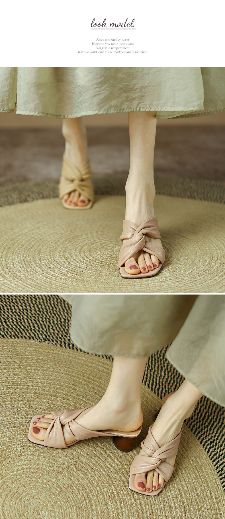Sandal cao gót nữ hở mũi da cừu đế thô gót 7 cm — Màu đậu chi tiết 4