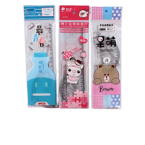 Creative Four-Piece Ruler Set Student Set Cartoon Ruler Transparent Meter Ruler Multi-Function Ruler Stationery Wholesale