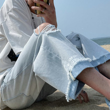 学生破洞牛仔短裤五分男士韩版潮流夏季薄款直筒乞丐刮烂七分裤子