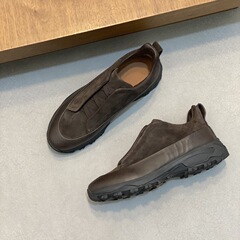 Z家真皮拼接松紧带板鞋厚底休闲运动鞋绒面一脚蹬乐福鞋百搭男鞋