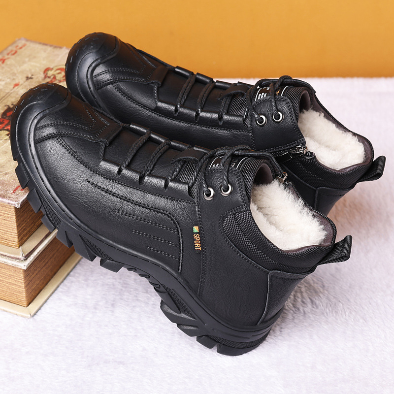 2023 새로운 겨울 남성용 면화 신발 울 따뜻한 하이탑 두꺼운 면 신발 미끄럼 방지 스노우 부츠 남성용 가죽 부츠