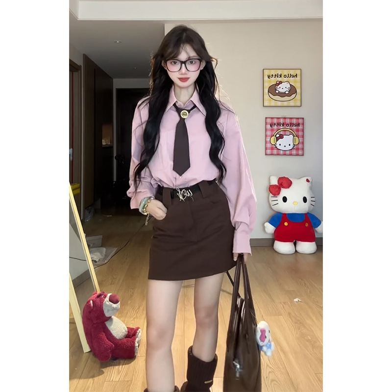秋季新款粉色长袖衬衫上衣女高腰显瘦包臀半身裙两件套|undefined