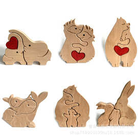 简约木质动物兔子一家人大象心形实木家居摆件木制雕刻动物装饰品