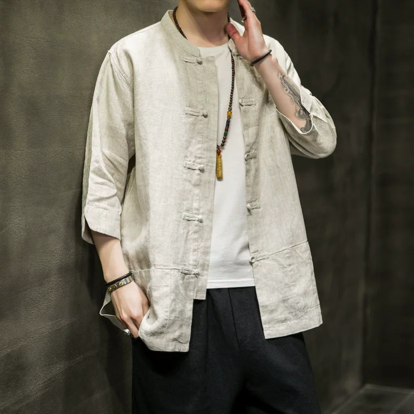 Костюм Тан, Мужская льняная рубашка в китайском стиле, летняя рубашка с рукавами из семи точек и пряжкой, хлопковый льняной топ с короткими рукавами, весна