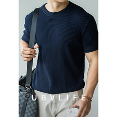 アメリカンレトロ丸首ピット純色ニット半袖tシャツ男2025春夏カジュアル通気涼感ニット