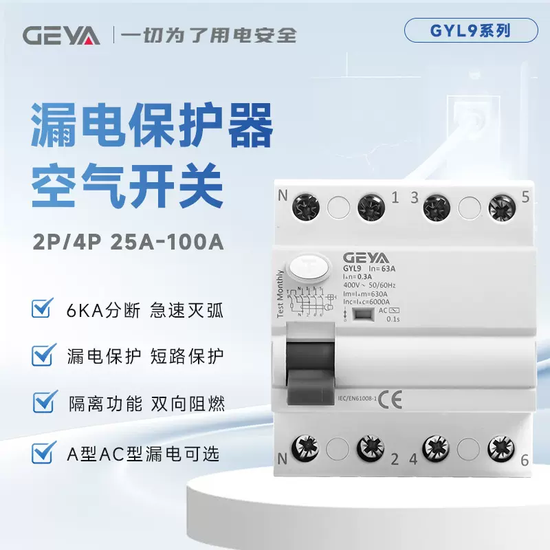 GYL9漏电保护器2P4P小型空气开关100A开关总闸剩余电流动作断路器