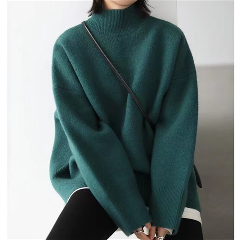 2024 semi high neck solid color lazy autumn and winter loose short style base knit sweater temperament women's thick_voghion.com