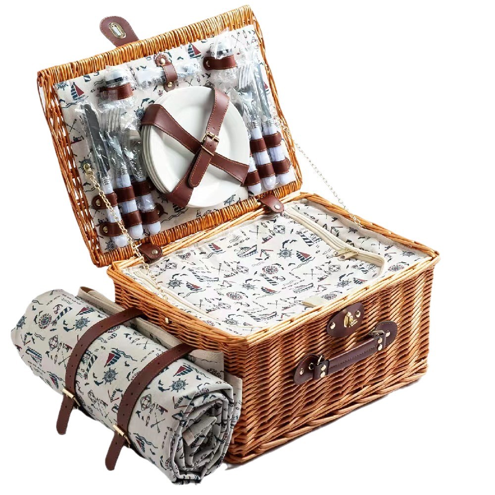 Cesta de picnic de mimbre para 4 personas, cesta de picnic de ratán, cesta de picnic para exteriores, cesta de picnic de sauce, en stock, dropshipping disponible