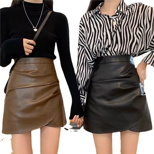 Black small leather skirt for women's autumn and winter new high-waisted anti-exposure skirt large size pleated irregular a-line short skirt