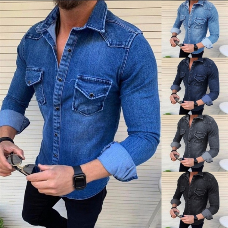 Foreign trade Men's European and American popular Korean style slim fit Denim fabric jacket youth loose solid color long sleeve Denim shirt