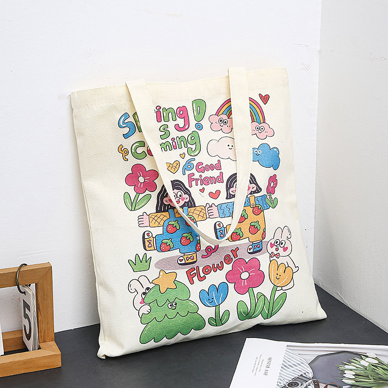 Medium Size Women's Medium Canvas Cartoon Basic Classic Style Square Open Canvas Bag
