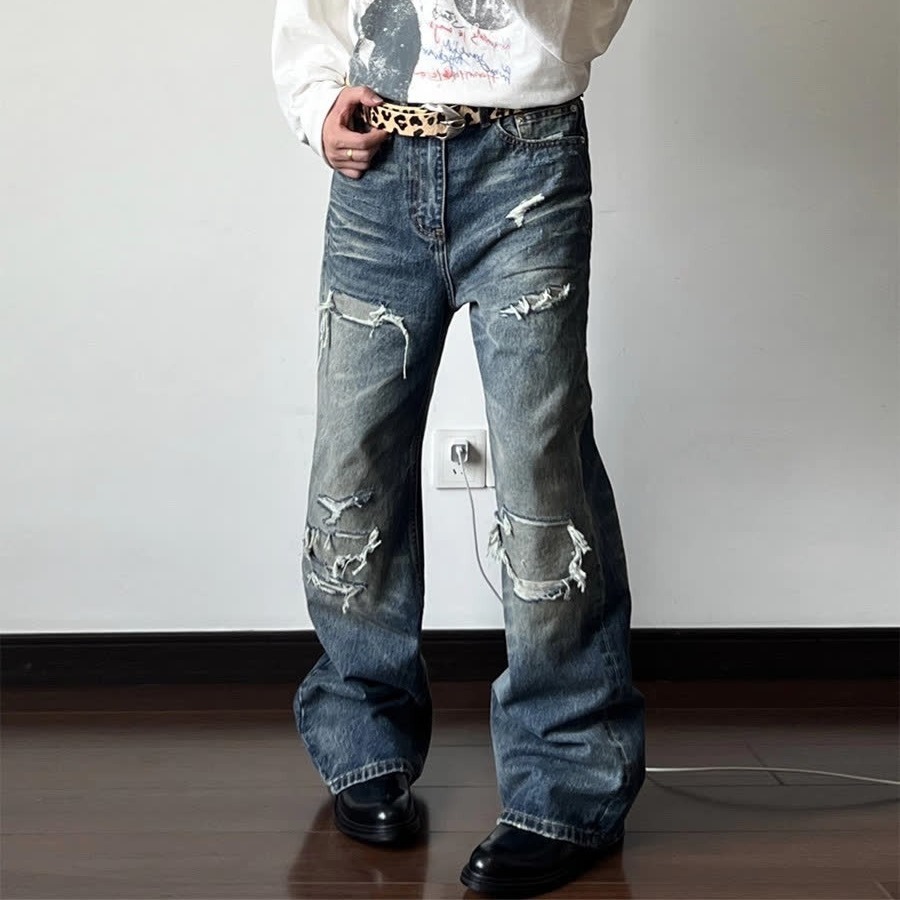 Men's Distressed Washed Denim Jeans With Rip & Frayed Details, Loose Fit Straight Leg Pants, Vintage Streetwear Style For Casual Wear_mkmklike.com