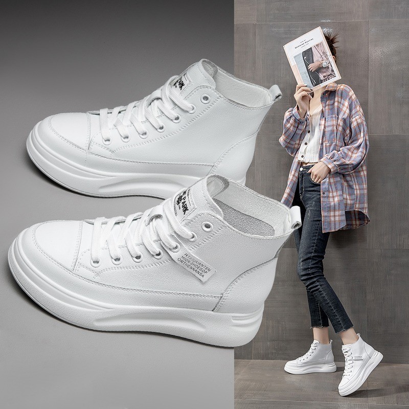 Zapatos de cuero real de alta altura para mujeres 2025, nuevos zapatos de primavera y otoño para niños pequeños, suela gruesa, moda versátil zapatos blancos para mujeres
