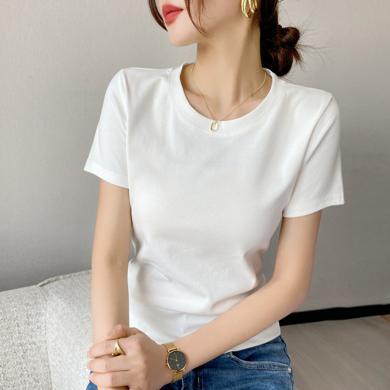 女性のための白い半袖右肩 Tシャツ 2025 夏の新しいラウンドネックスリムフィット Tシャツトップ|undefined