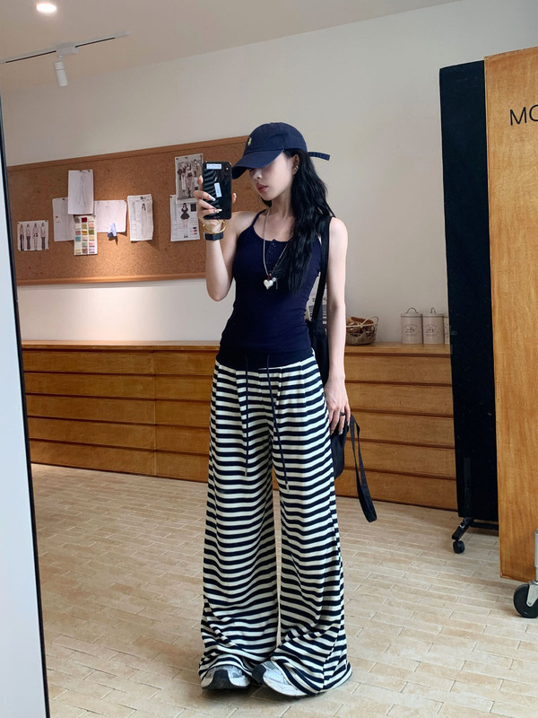 黑白条纹运动裤子女2025秋季新款高腰宽松显瘦休闲阔腿拖地裤ins|undefined