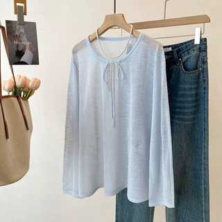 26夏装新品法式慵懒风薄款亚麻针织衫系带长袖透气防晒罩衫962001