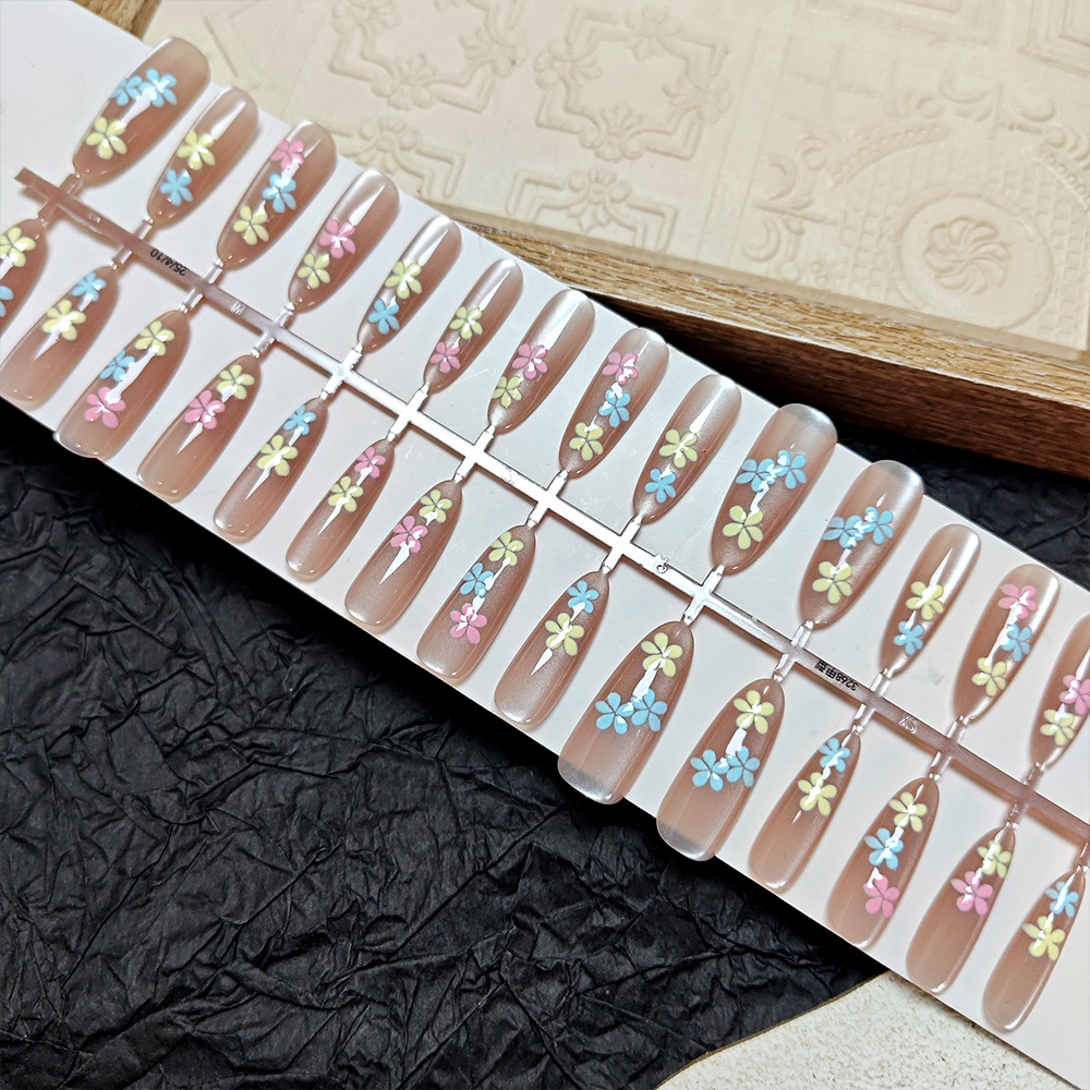 Juego de 30 piezas de puntas de uñas artísticas, uñas postizas con diseño de ojo de gato de colores, uñas pre-hechas hechas a mano en colores dulces y adorables. image 1