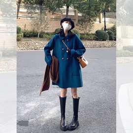 蓝色翻领双排扣毛呢外套女秋冬季气质休闲显瘦减龄中长款呢子大衣