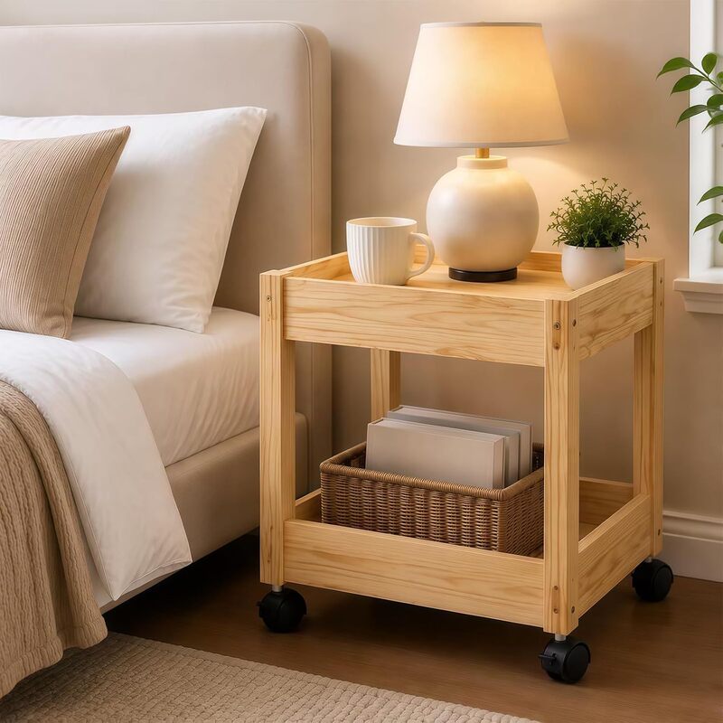 Wooden rolling storage cart, mobile organizer, side table, storage rack, bedroom nightstand, toy storage cart, snack rack