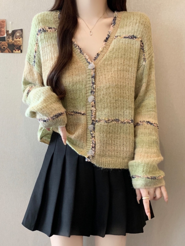 短款V领针织开衫毛衣外套女秋季新款大码胖mm显瘦多巴胺彩色上衣|undefined