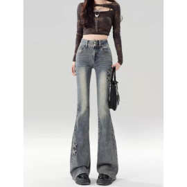 #【非实拍】复古高腰微喇叭牛仔裤女修身弹力显瘦蝴蝶结马蹄裤