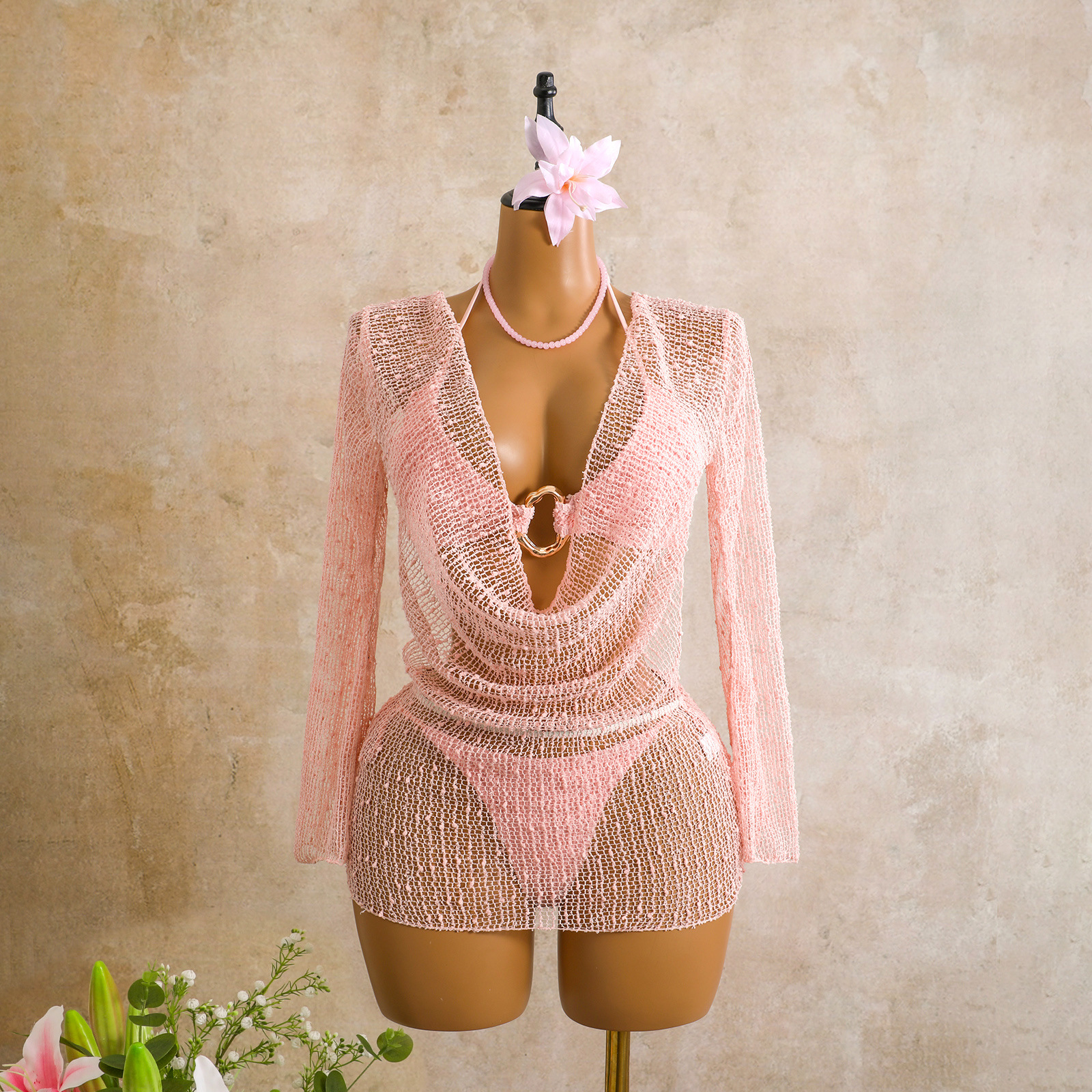 Women's Three Piece Sequin Mesh Swimsuit With Long Sleeves_voghion.com
