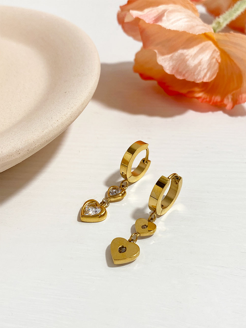 10g Weight Vacuum Plating Gold Plating Process 1 Pair Korean Style Geometric Heart Shape Inlay 304 Stainless Steel Zircon 18K Gold Plated Drop Earrings