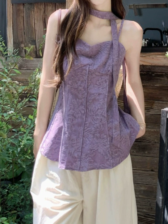 Фиолетовая женская майка без рукавов с французской ретро-лентой, жаккардовая летняя верхняя одежда, элегантный и красивый нежный праздничный топ
