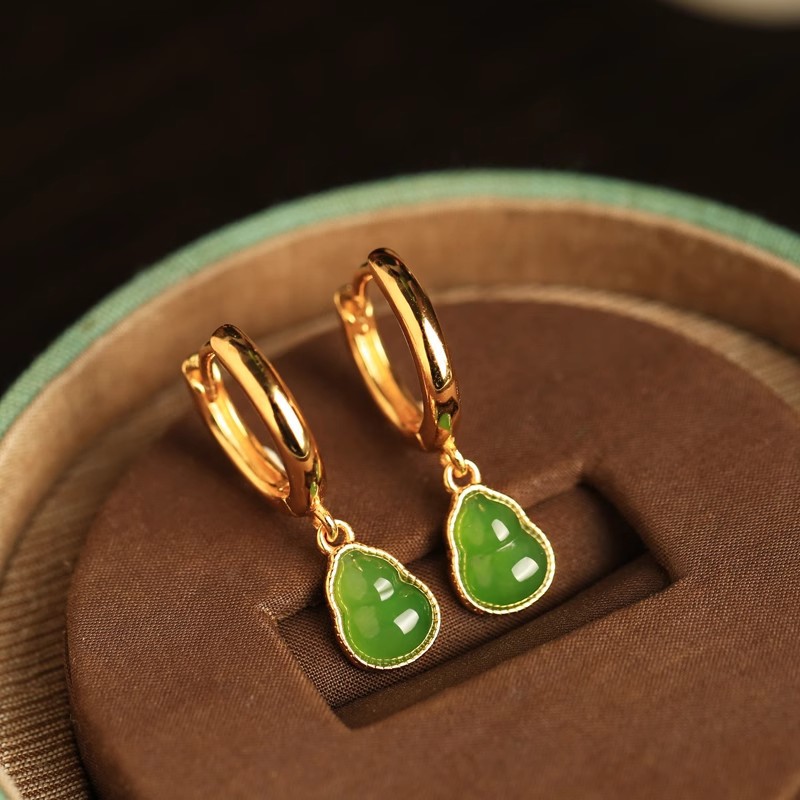 Imitation Hetian Jade Gourd Pendant Earrings Women's New Chinese Style National Style High-grade Green Jade Earrings Earrings Earrings Earrings
