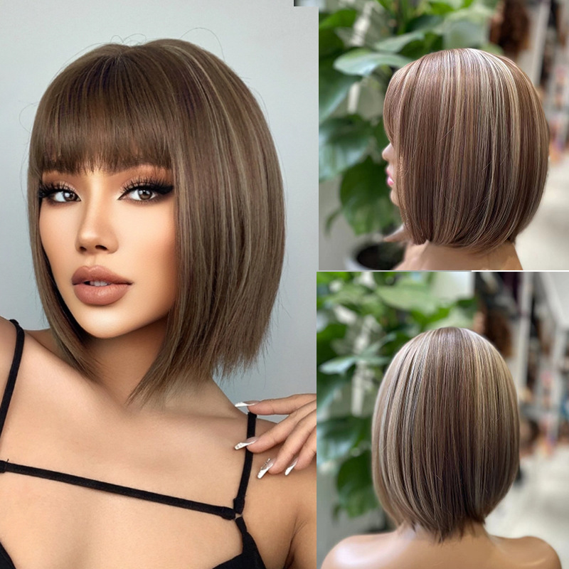 Cross-Border Amazon Best-Selling Mixed Color Brown-Gold Air Bangs Bob Haircut Women's Short Hair Wig Xuchang Wig Factory Cross-Border Amazon Best-Selling Mixed Color Brown-Gold Air Bangs Bob Haircut Women's Short Hair Wig Xuchang Wig Factory