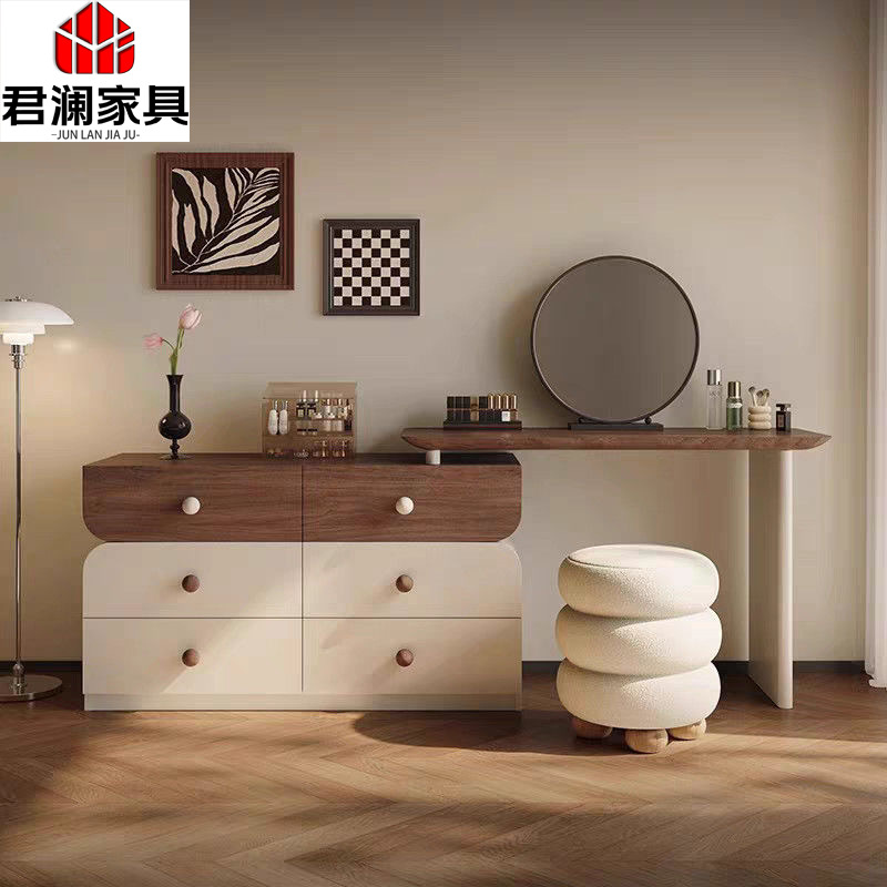 Dressing Table Light Luxury High-End Internet Celebrity Solid Wood Dressing Table Modern Retractable New Mid-Century Style Dressing Table Walnut Color