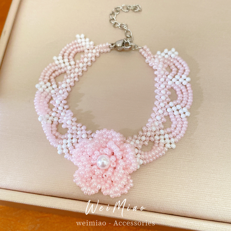 Rosa dulce viento cuentas de encaje flor collar de perlas ligero lujo nicho cadenas de clavícula temperamento conjunto de joyas de alta calidad