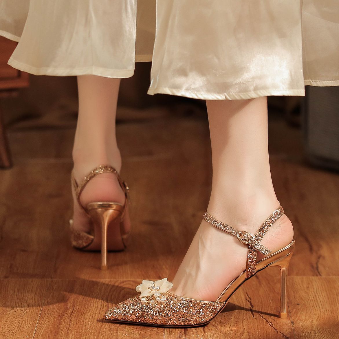 8188-1-003 Sequin High Heels Sandals Two-Way Wear High-End Feel Party Wedding Shoes Commuting Versatile_voghion.com