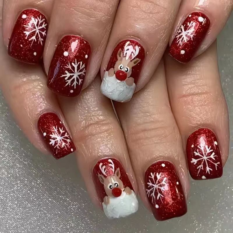 24 Pieces of Christmas Style, Red Rhyme Christmas, Dark Burgundy, Deer Snowflakes, Removable Art Manicure