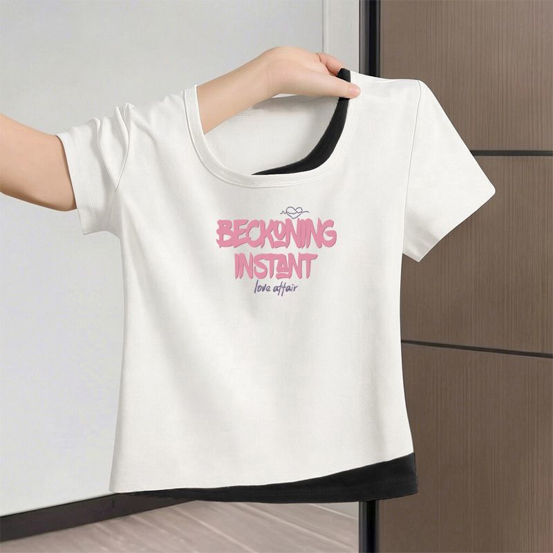 White Letter Print Short-Sleeve T-Shirt for Women, Summer 2026, Plus-Size, Regular Shoulder, Faux Two-Piece, Patchwork, Waist-Cinching, Slimming Top