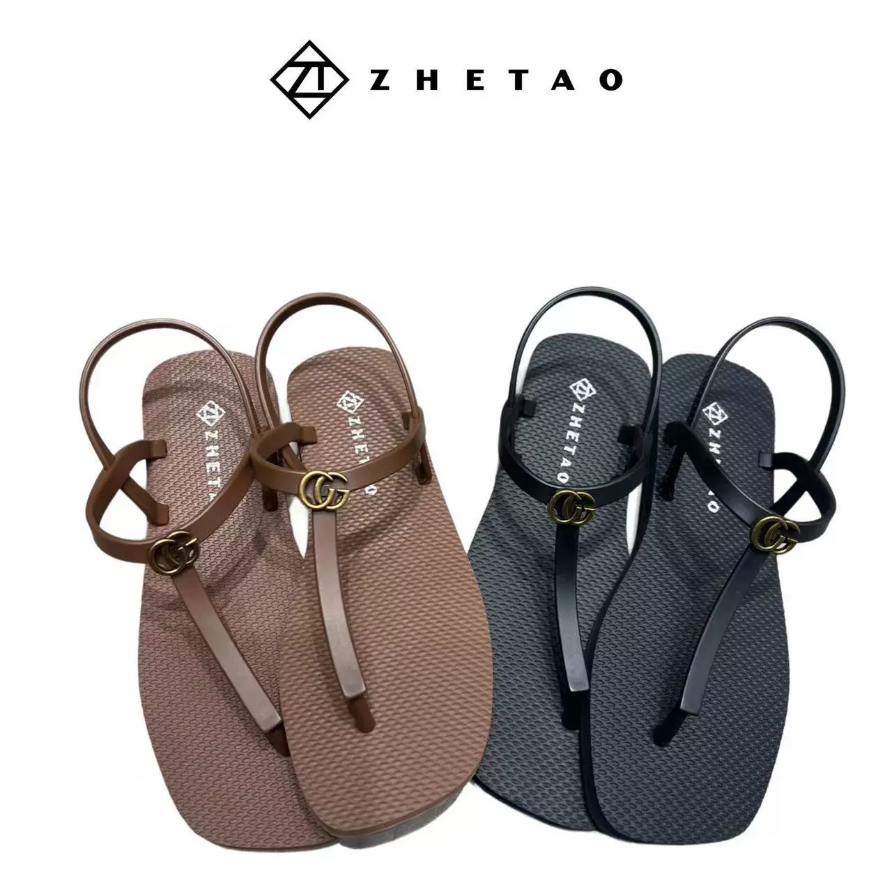 Новые летние и весенние резиновые нескользящие сандалии Zhetao2024, модные, с квадратным носком, однотонные, плоские, пляжные шлепанцы с заклепками.