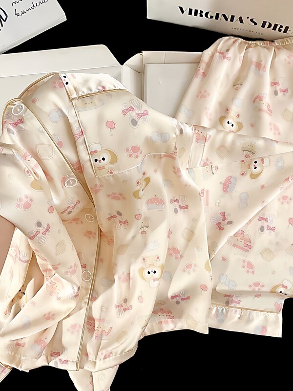 Women's Long-Sleeve and Long-Pants Pajamas for Autumn and Winter, Ice Silk Short-Sleeve Loungewear, Cute Cartoon Butter Cake Design, Suitable for Wearing Outside, Loungewear