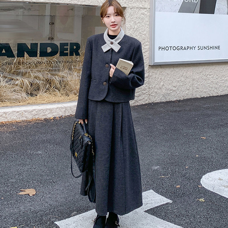 韩系复古气质毛呢学院风套装女秋冬法式短款外套百褶半身裙两件套