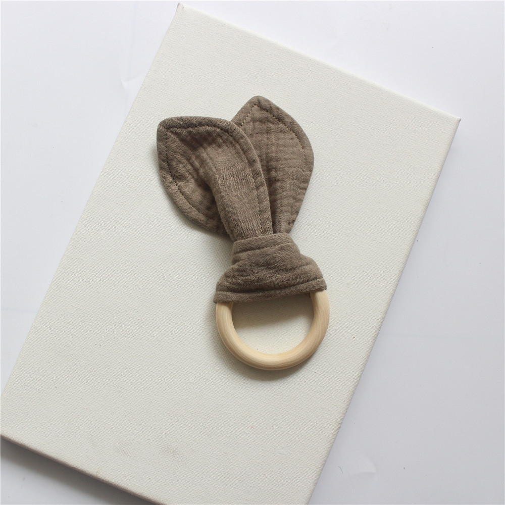 23g Weight Teething biscuits Toys Type 1 Piece Quantity Cloth, Wood Material Solid Color, Bow Knot Pattern Cute Style Cotton Gauze Wooden Teething Ring Baby Hand Grasping Training Toy Cute Solid Color Baby Accessories 8