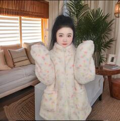 2025新款珊瑚绒睡衣女秋冬季彩虹波点印花加绒加厚连帽家居服套装