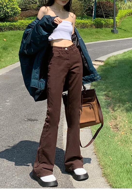 Four colors! New Autumn Stretch Straight Jeans Women's Loose High Waist Slimming Brown Smoke Tube Pants