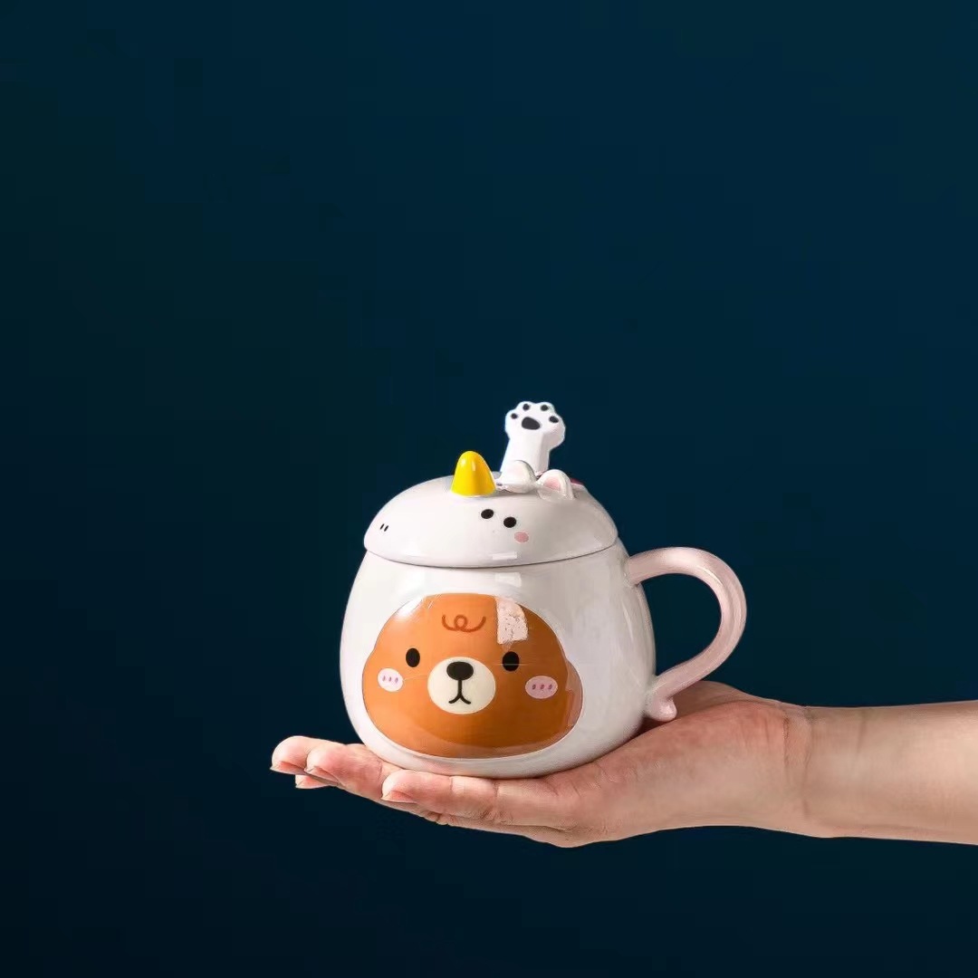 Creativo de dibujos animados lindo mordedura animal patrón de cerámica taza unicornio con tapa cuchara taza de café lindo mascota taza de agua