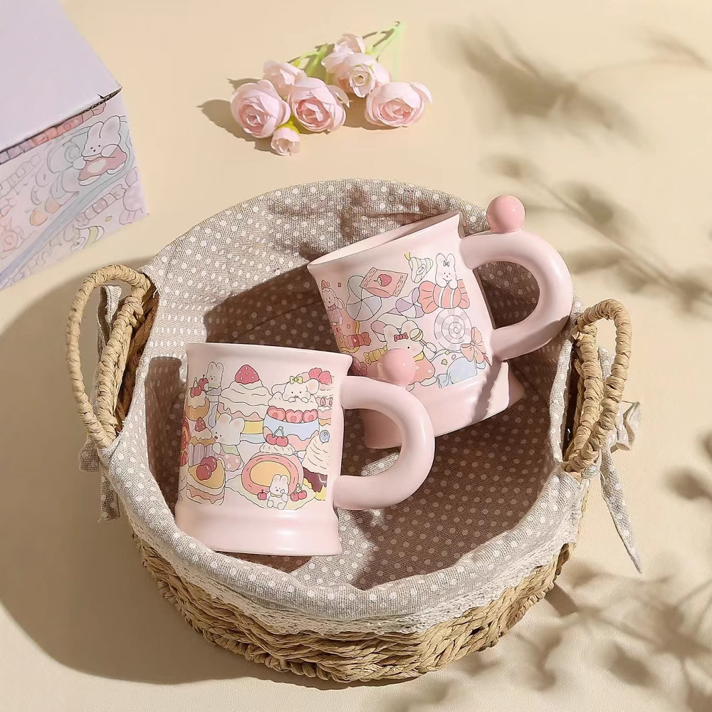 Taza de polvo de alta calidad, personalidad encantadora conejo, regalo de mano, taza de cerámica, taza de desayuno simple