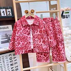 女の子 2025 秋の新作子供服ベビーガールファッションピンクヒョウ柄スーツ長袖ジャケットと長ズボン 2 点セット