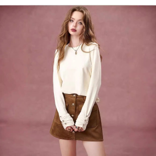 Goblin's Pocket Thin Flash White Long-sleeved T-shirt Women's 2024 Autumn New Pleated Base Shirt Half-high Collar Top