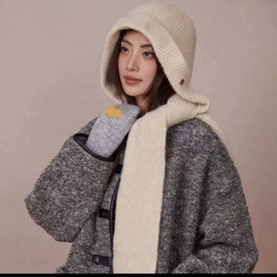 2025 New Style Hat and Scarf Integrated Knitted Hat Autumn and Winter High-End Korean Style Balaclava Hat Shawl Hat Red