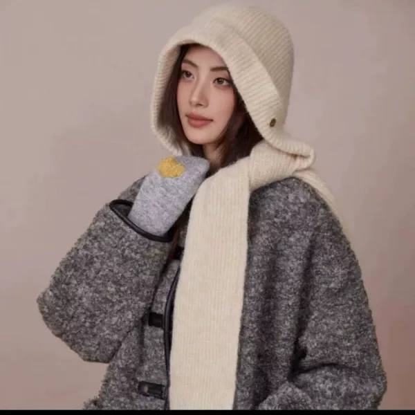 2025 New Style Hat and Scarf Integrated Knitted Hat Autumn and Winter High-End Korean Style Balaclava Hat Shawl Hat Red